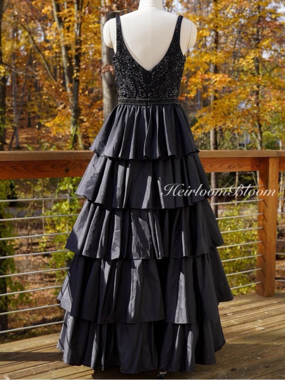 Sherri Hill Black Tiered Beaded V-Neck Evening Gown Prom Dress - Picture 3 of 8